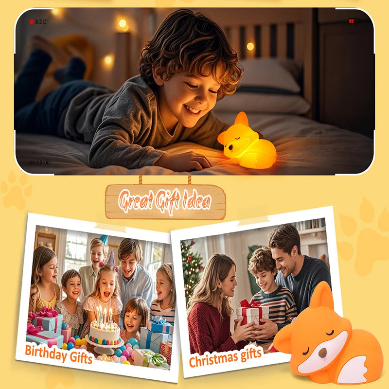 Fox silicone night light glowing orange on nightstand