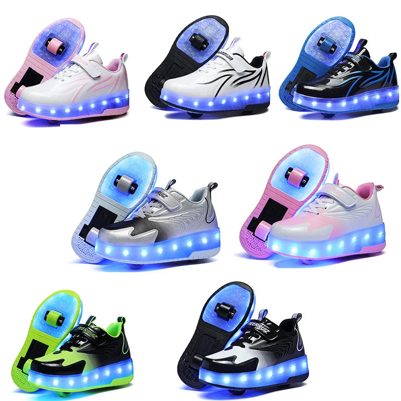 High-top roller shoes purple LED lights on