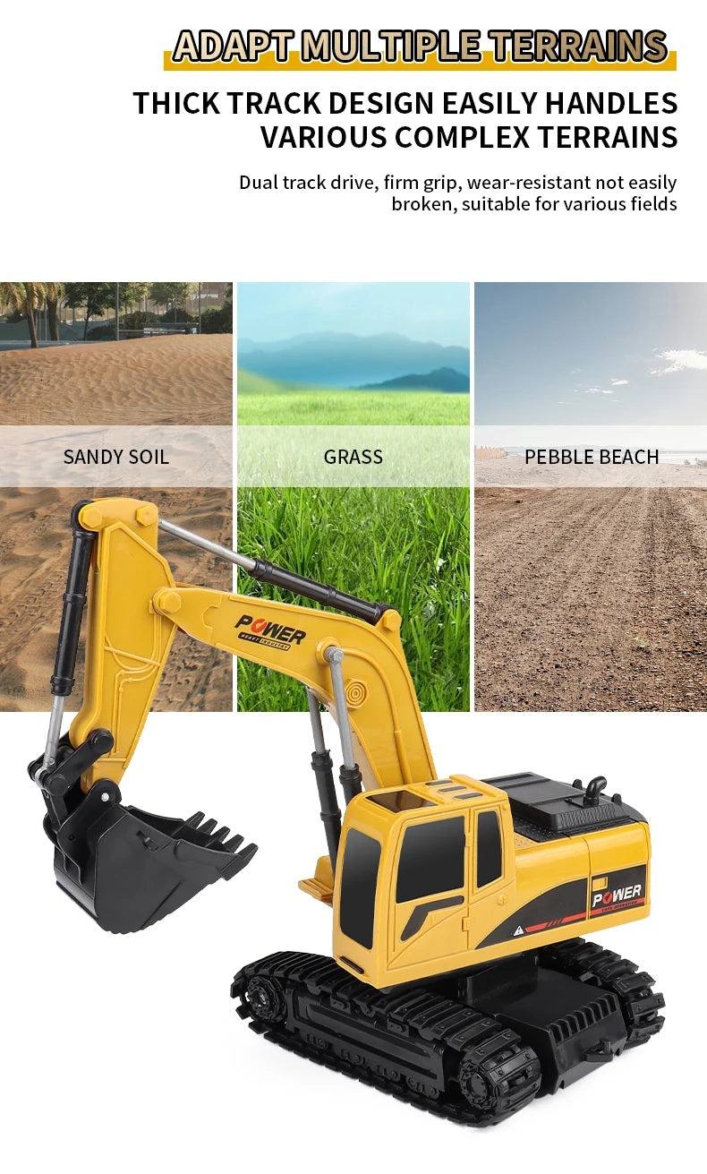 RC excavator digging sand outdoor play