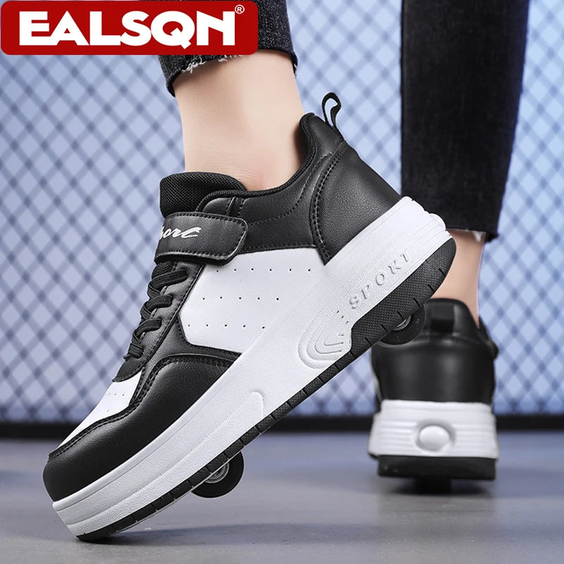 Kids roller sneakers black white anti-slip