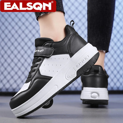 Kids roller sneakers black white anti-slip